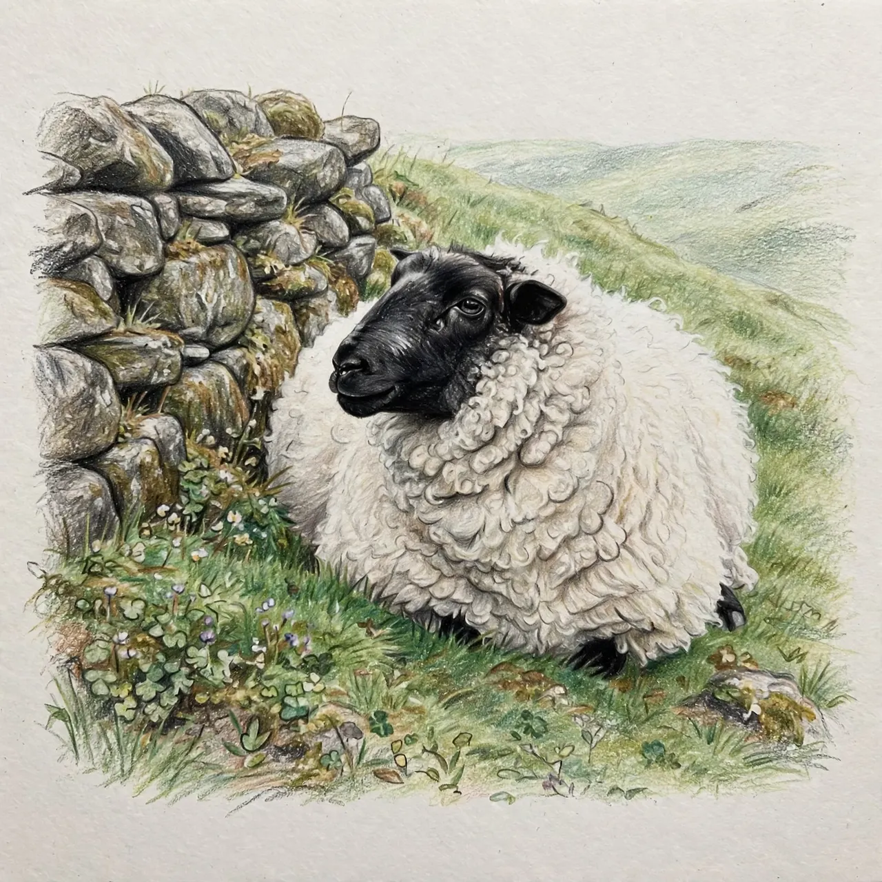 Colored pencil drawing of a woolly black faced sheep resting next to a dry stone wall on a grassy hill
