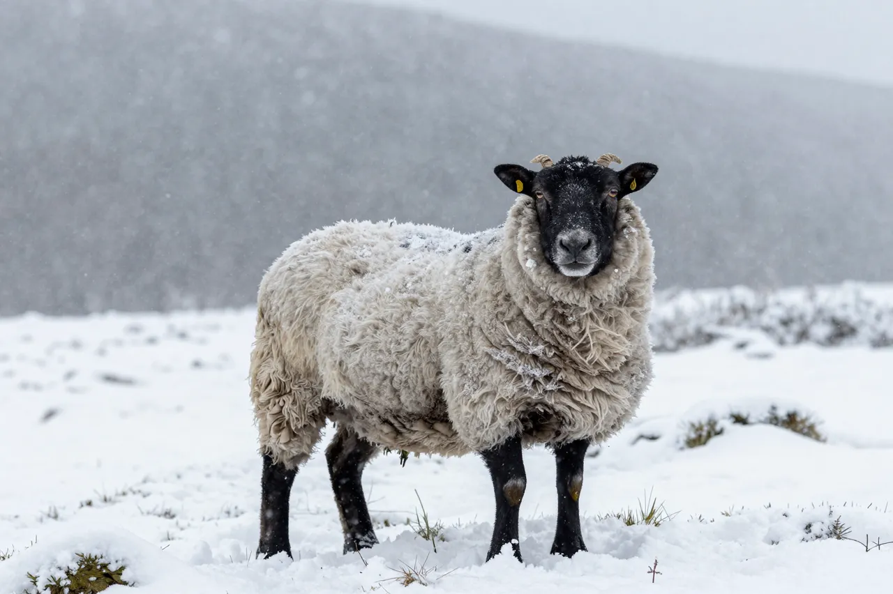 A black-faced sheep with a snow-crusted thick fleece stands on a snow-covered moor as snow falls under soft gray light.