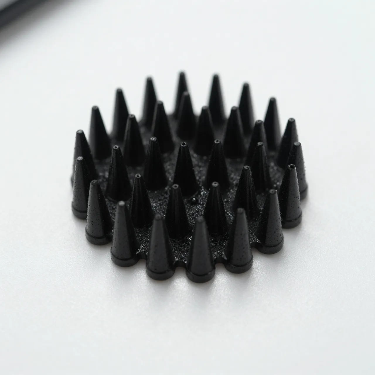 Close-up of sharp black conical ferrofluid spikes arranged in a circle on a smooth white surface