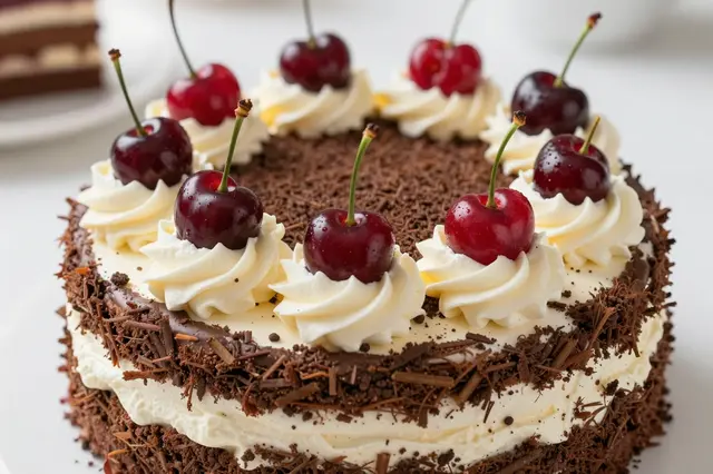 Close-up of a decorated black forest cake topped with whipped cream rosettes and fresh cherries