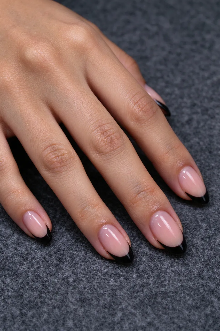 Close up of a woman's hand with almond black French tip nails resting on charcoal felt