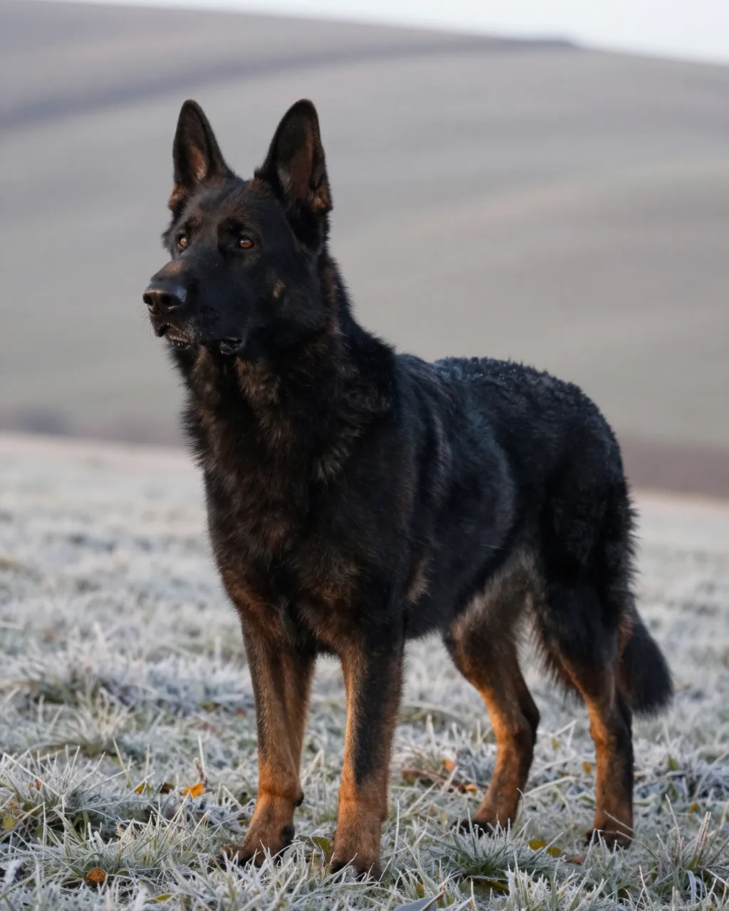 A black and tan German Shepherd stands alert on frost-covered grass at dawn on rolling hills