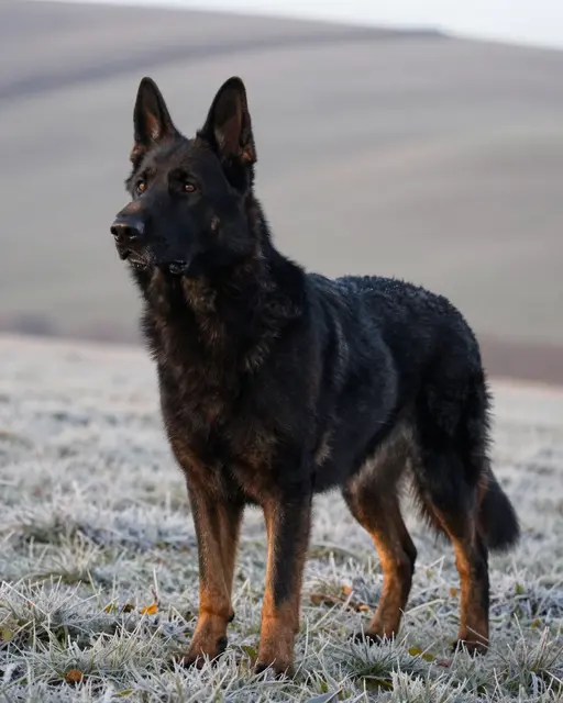 A black and tan German Shepherd stands alert on frost-covered grass at dawn on rolling hills