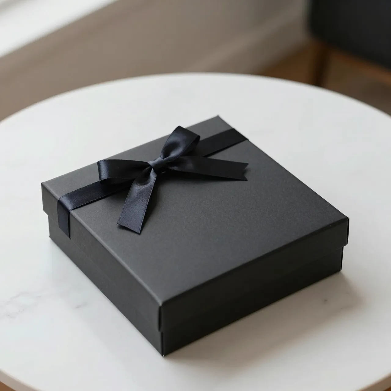 A plain black gift box with a satin bow sits on a round white marble table