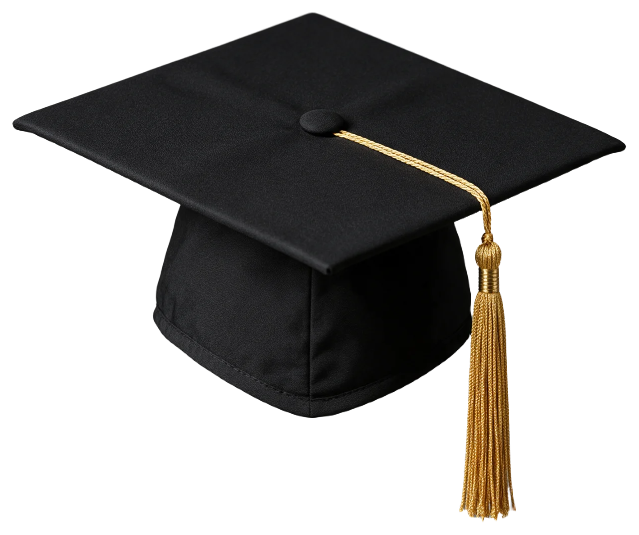 A black graduation cap with a gold tassel viewed from a three-quarter angle above