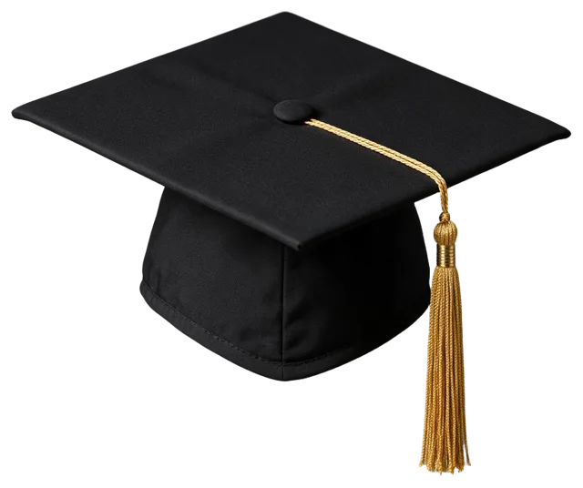 A black graduation cap with a gold tassel viewed from a three-quarter angle above