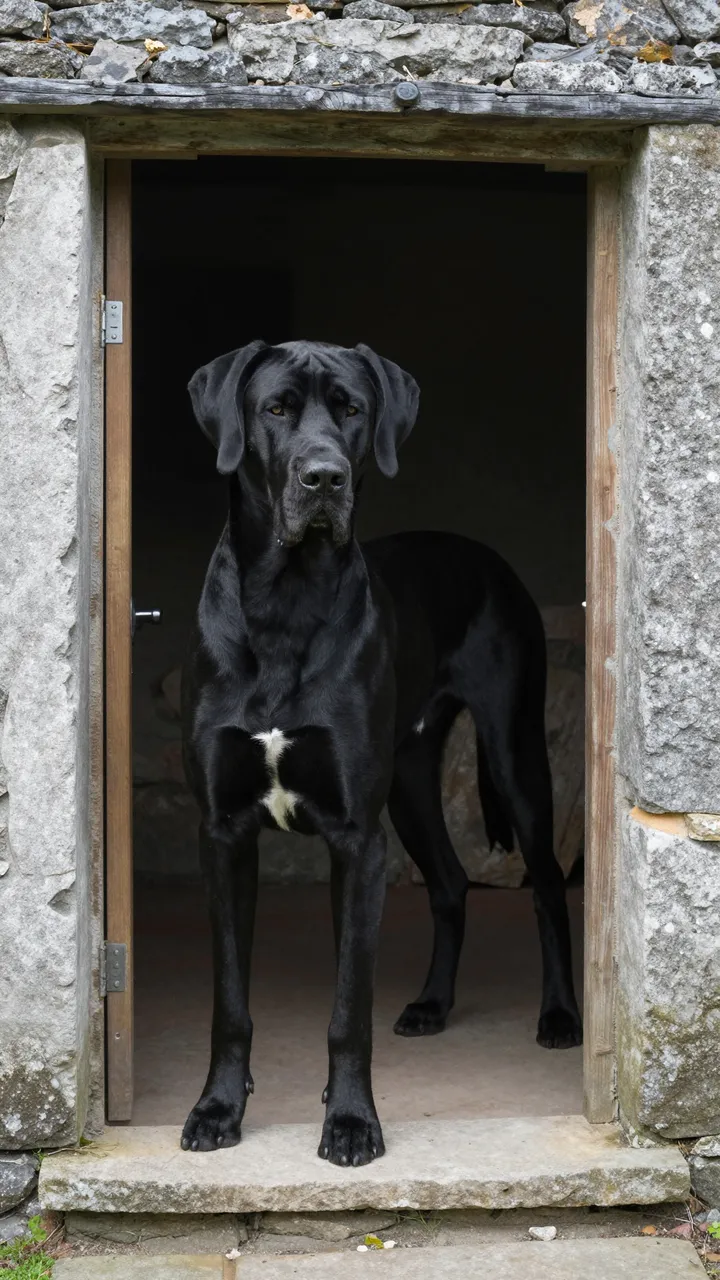 A glossy black Great Dane stands in the arched doorway of a rough stone cottage.