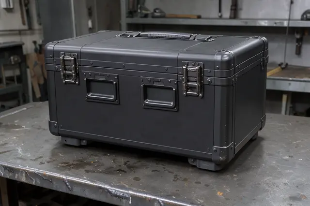 A robust black hard protective case rests on a worn metal workbench in a workshop