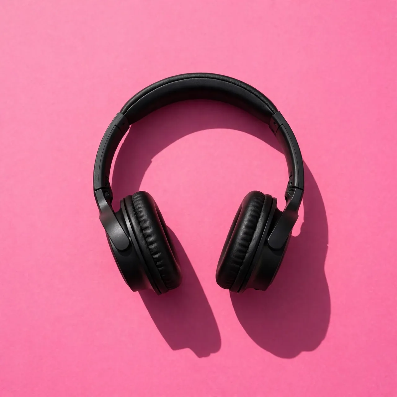 Overhead view of black over-ear headphones resting on a solid bright pink surface with a crisp cast shadow