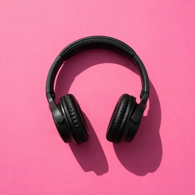 Overhead view of black over-ear headphones resting on a solid bright pink surface with a crisp cast shadow