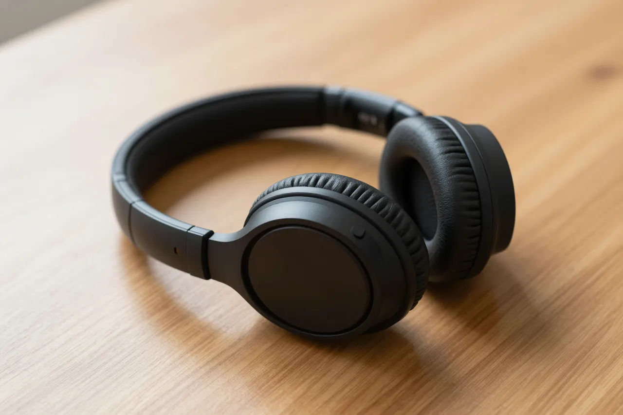 Black over-ear headphones rest on a light wooden desk lit by soft warm light