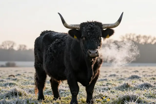 A black shaggy highland cow stands in a frosty grass field with visible steaming breath at dawn