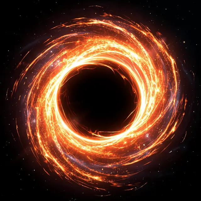 A black hole surrounded by a swirling bright orange spiral of hot glowing gas against starry space