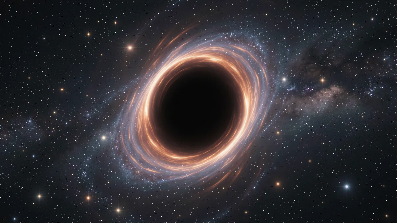 A supermassive black hole surrounded by a glowing swirling accretion disk set against a dense field of distant stars