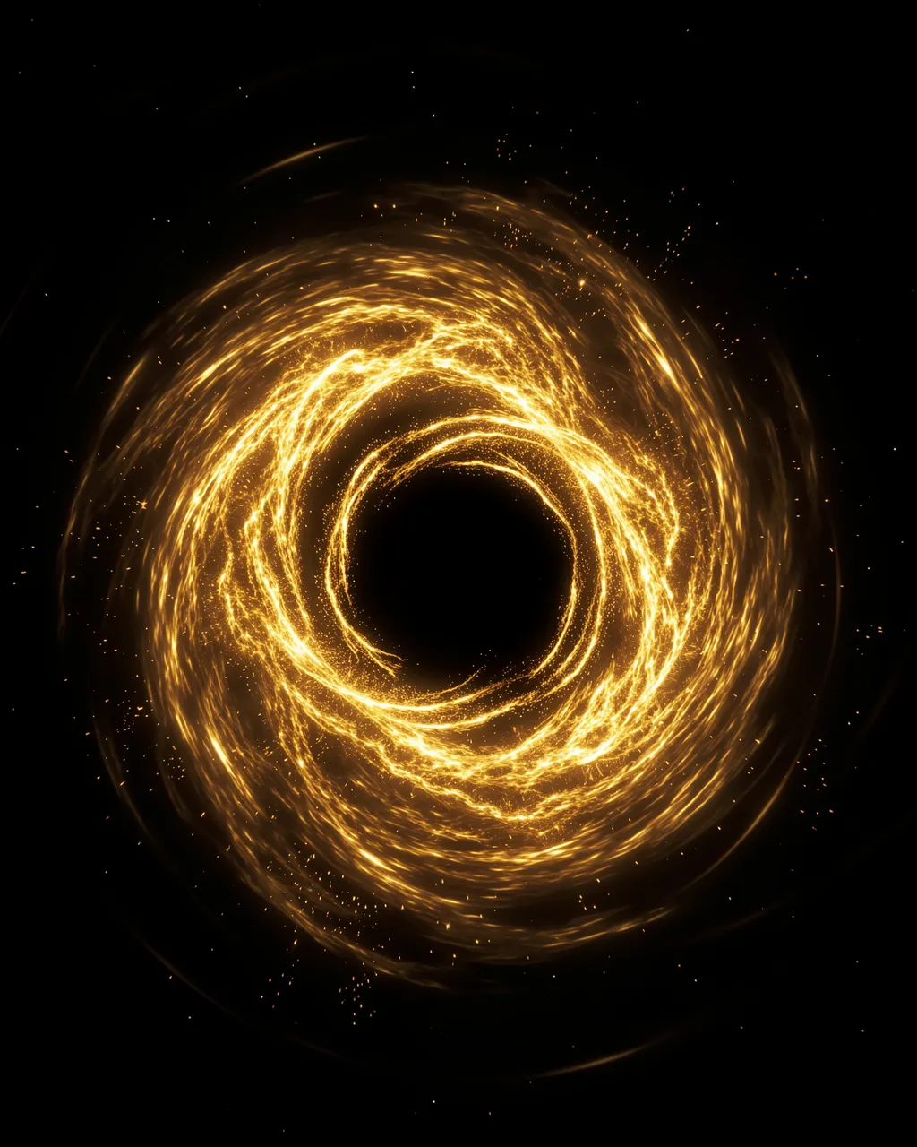 A top-down view of a black hole surrounded by a glowing golden spiral of infalling gas against dark space