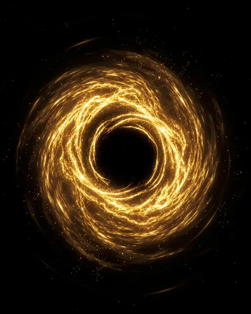 A top-down view of a black hole surrounded by a glowing golden spiral of infalling gas against dark space