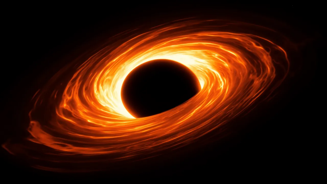 A supermassive black hole sits at the center of a swirling, blazing orange accretion disk against deep black space