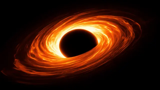 A supermassive black hole sits at the center of a swirling, blazing orange accretion disk against deep black space