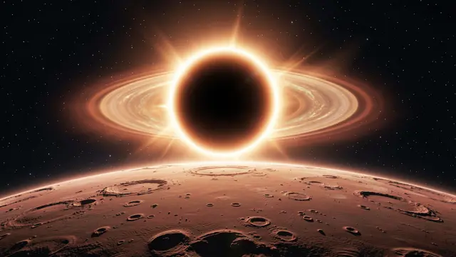 A glowing accreting black hole fills the starry sky above the cratered surface of an alien planet