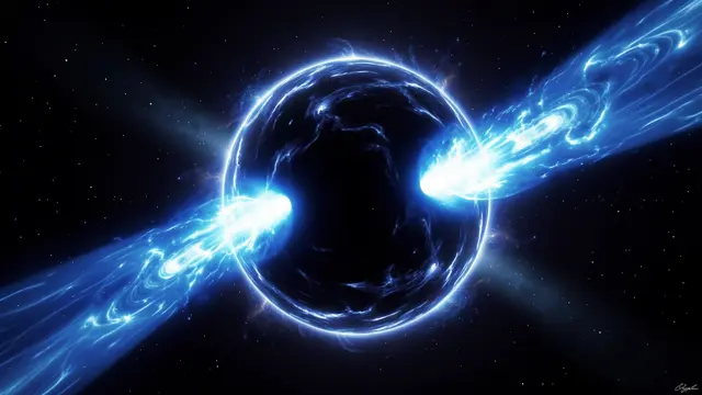 A black circle black hole emits bright glowing twin blue jets against a starry deep space background