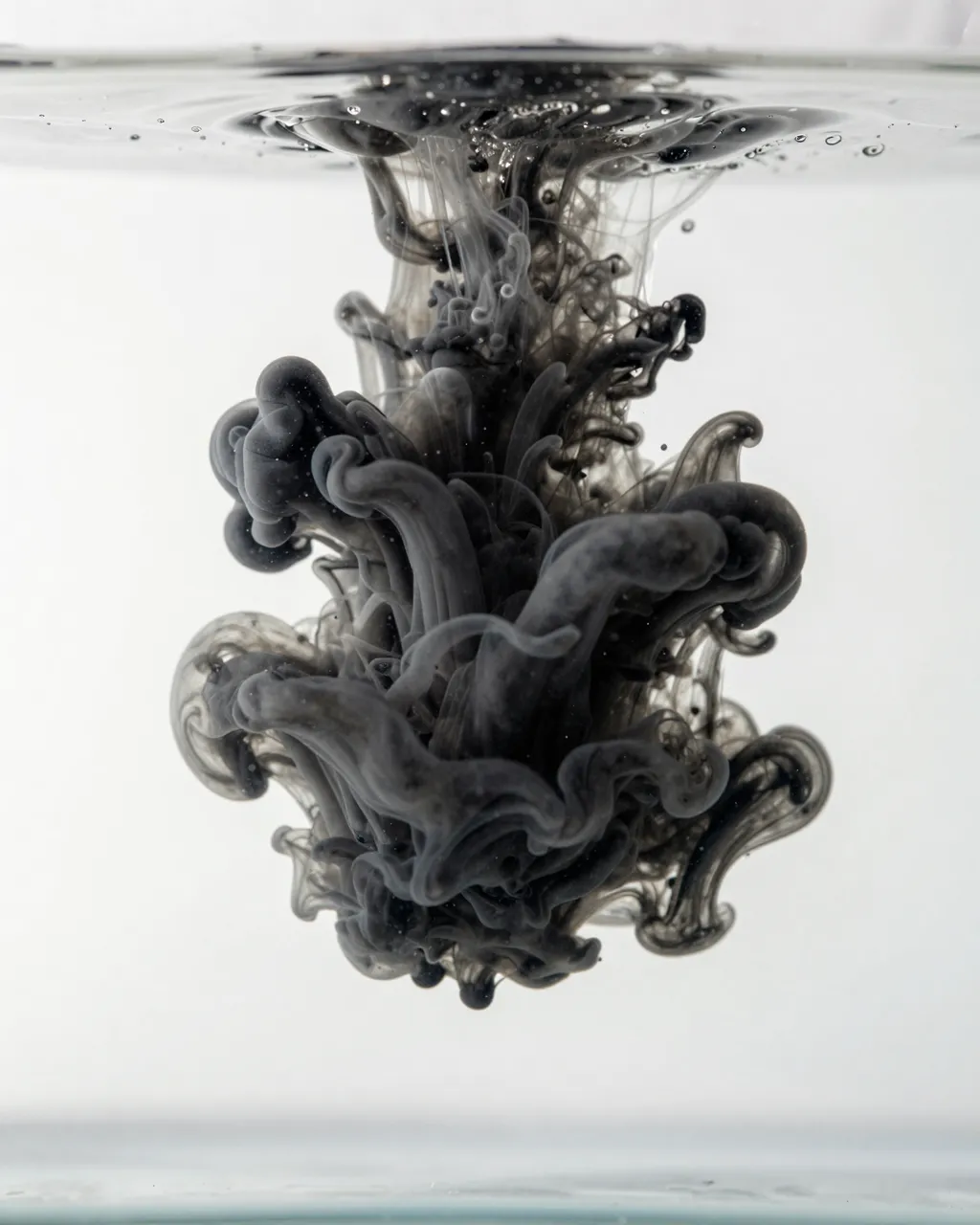 Swirling black ink disperses through clear water against a plain white backdrop