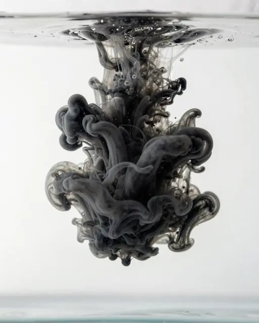 Swirling black ink disperses through clear water against a plain white backdrop