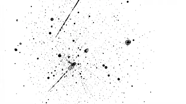 Irregular black ink splatters, fine speckles and larger drops scattered across a bright white background