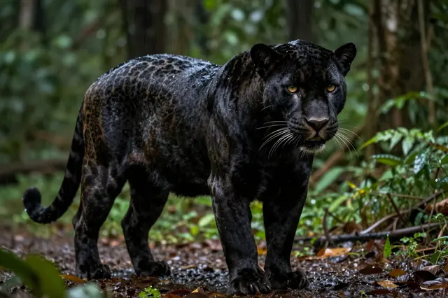 A wet black jaguar stands facing the camera on a muddy rainforest trail during rainfall