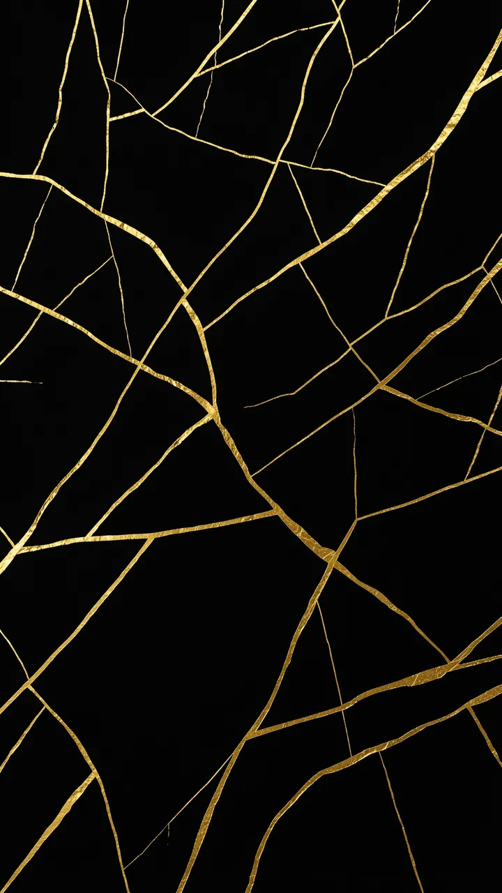 Shiny gold kintsugi crack lines spread across a smooth matte black vertical surface