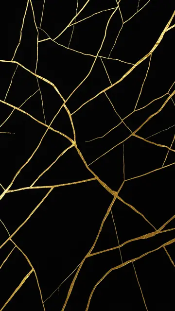 Shiny gold kintsugi crack lines spread across a smooth matte black vertical surface