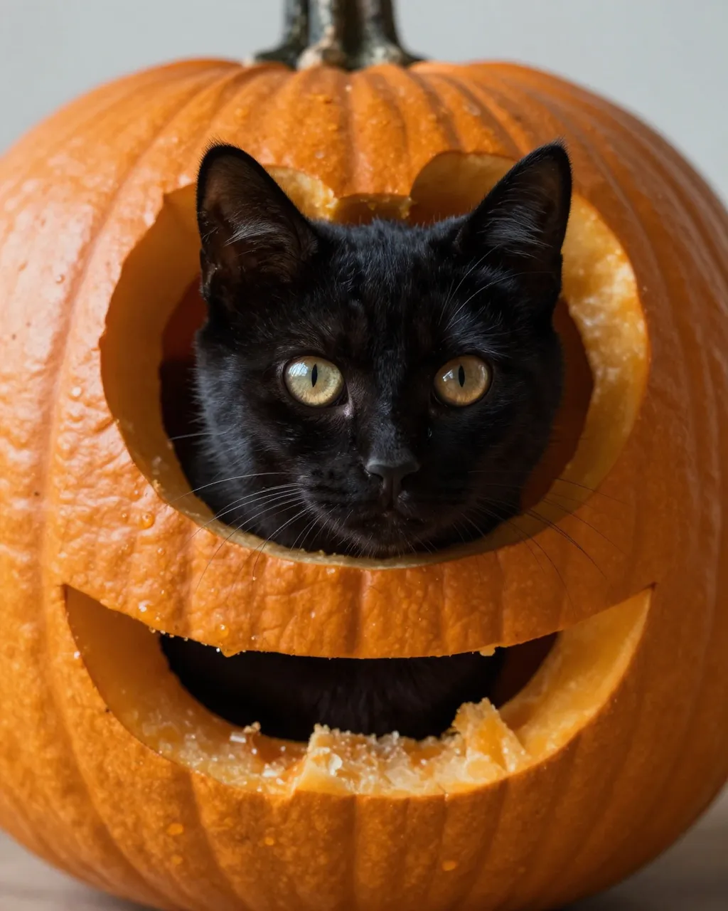 A black kitten with golden eyes peeks out from the carved eye opening of a jack-o'-lantern pumpkin.
