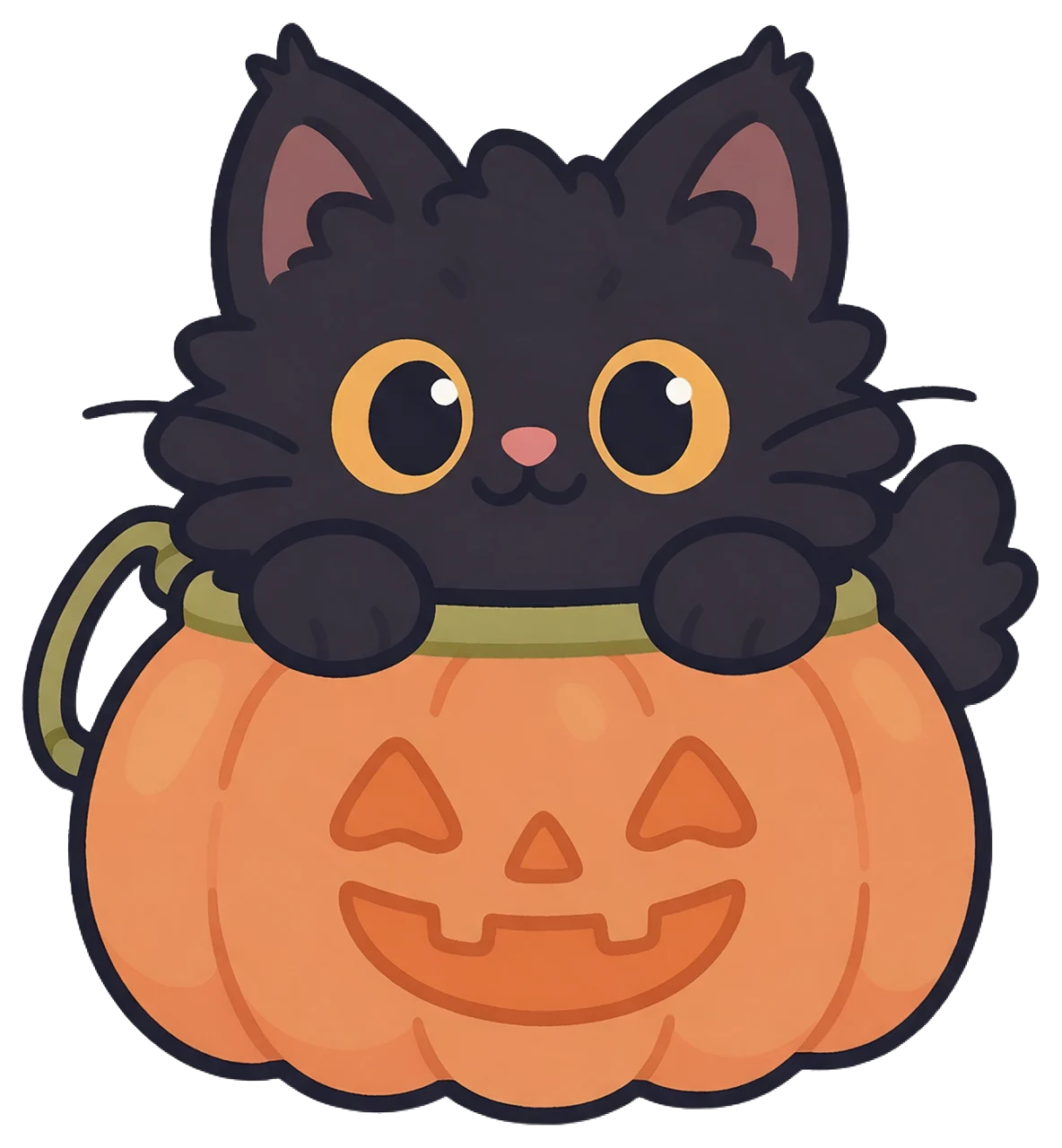Fluffy black kitten with big yellow eyes peeks over a jack-o-lantern treat bucket.