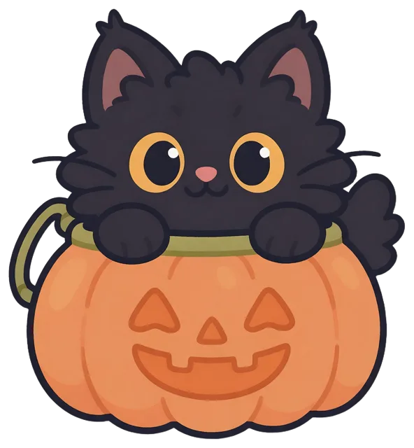 Fluffy black kitten with big yellow eyes peeks over a jack-o-lantern treat bucket.