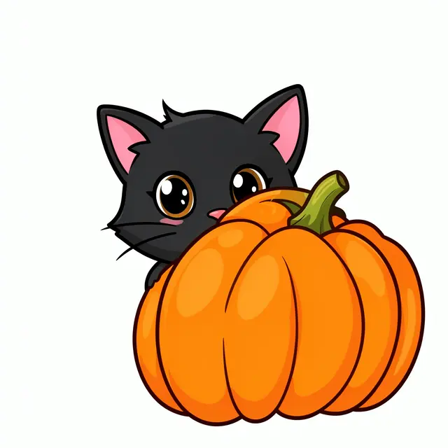 Cute cartoon black kitten peeking over the top of an orange pumpkin against a plain white background