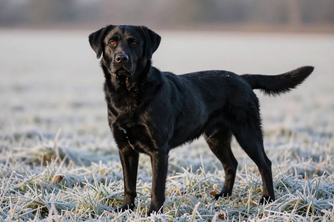 A black labrador retriever stands alert in a frost-covered grass field at dawn