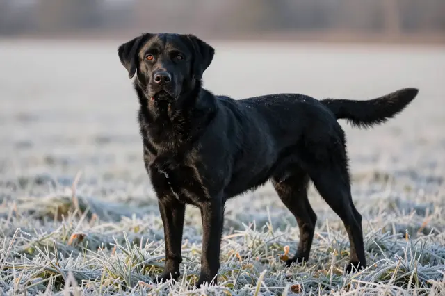 A black labrador retriever stands alert in a frost-covered grass field at dawn