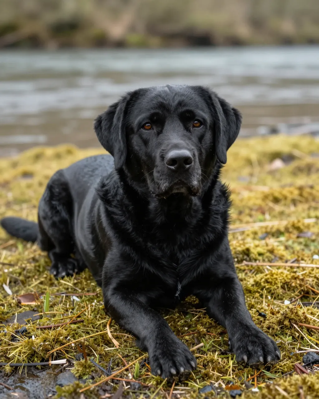 A glossy black Labrador retriever lies on a mossy riverbank looking toward the camera under soft overcast light.