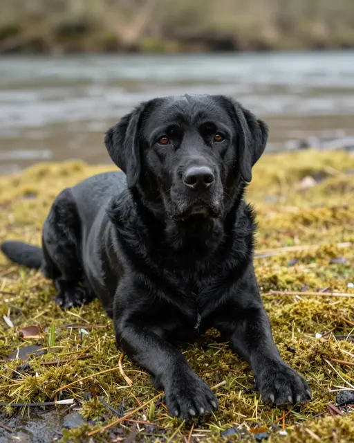 A glossy black Labrador retriever lies on a mossy riverbank looking toward the camera under soft overcast light.