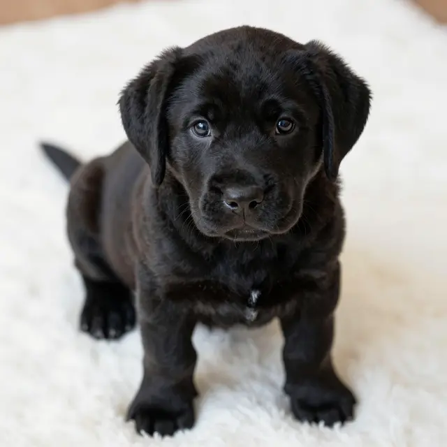 A young black labrador puppy sits upright on a soft white fluffy rug looking directly at the camera