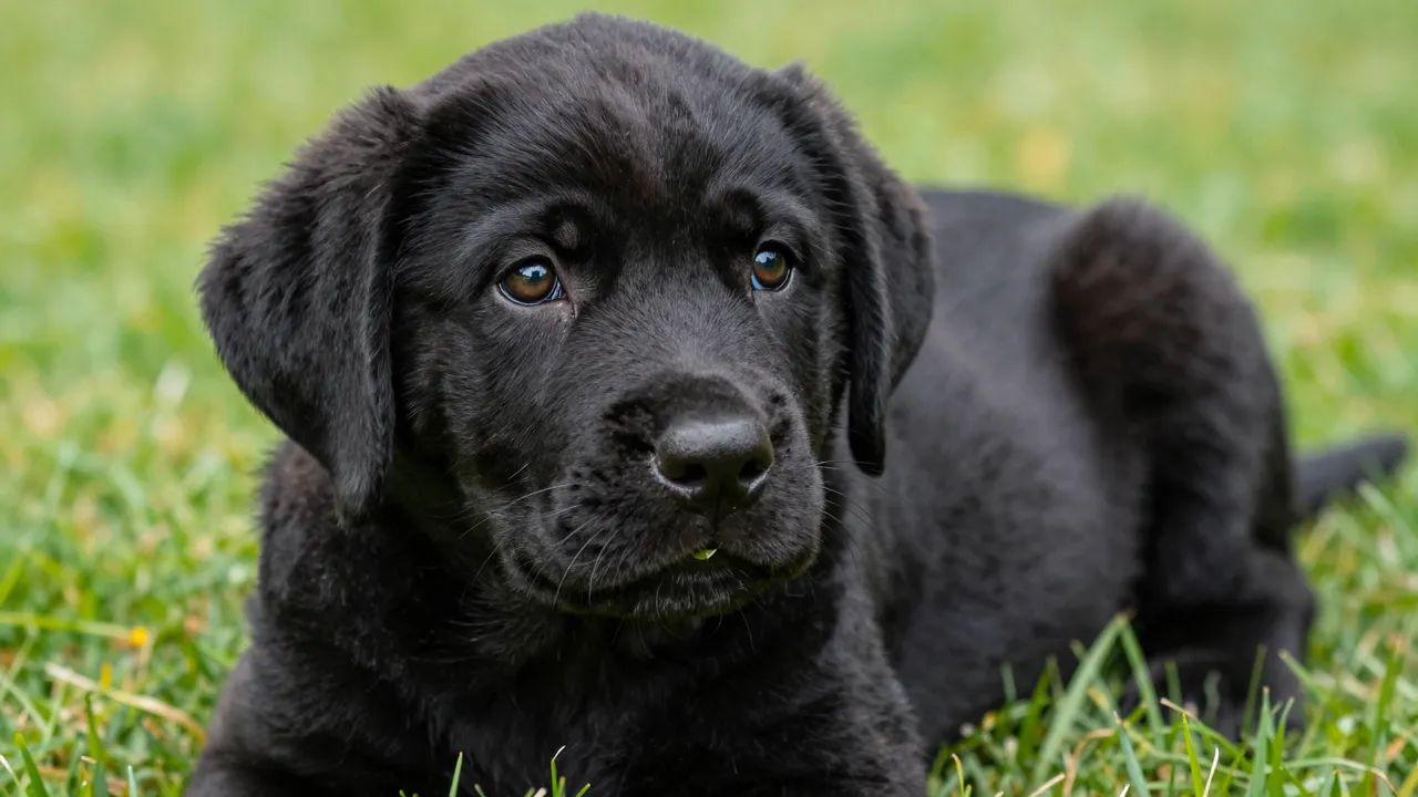 A close-up of a fluffy black labrador puppy lying on green summer lawn grass looking at the camera