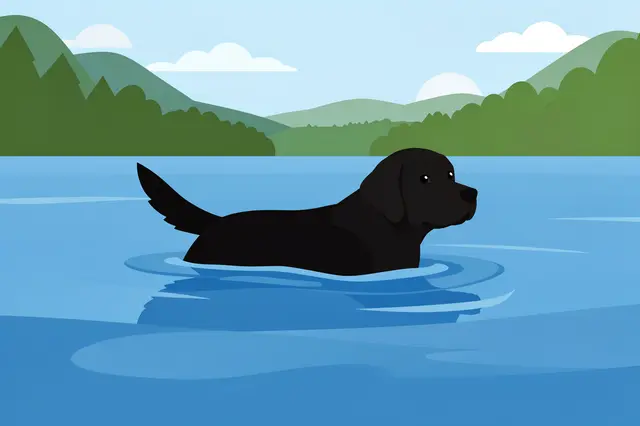 A flat vector illustration of a black Labrador retriever swimming in a calm blue lake with green forested hills in the