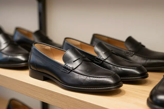 Row of polished black leather loafers displayed neatly on a light wooden boutique shelf