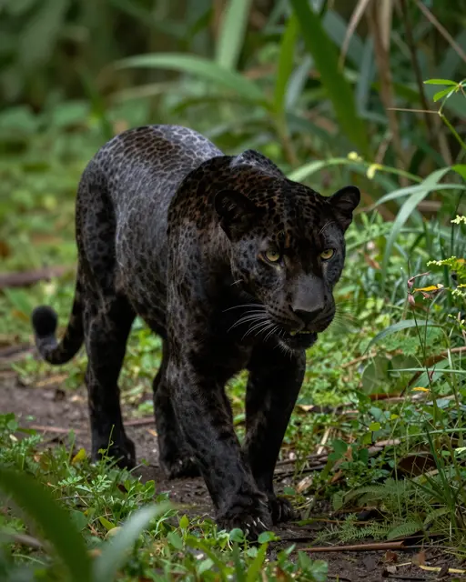 A black leopard with visible rosette markings walks forward along a dirt jungle path