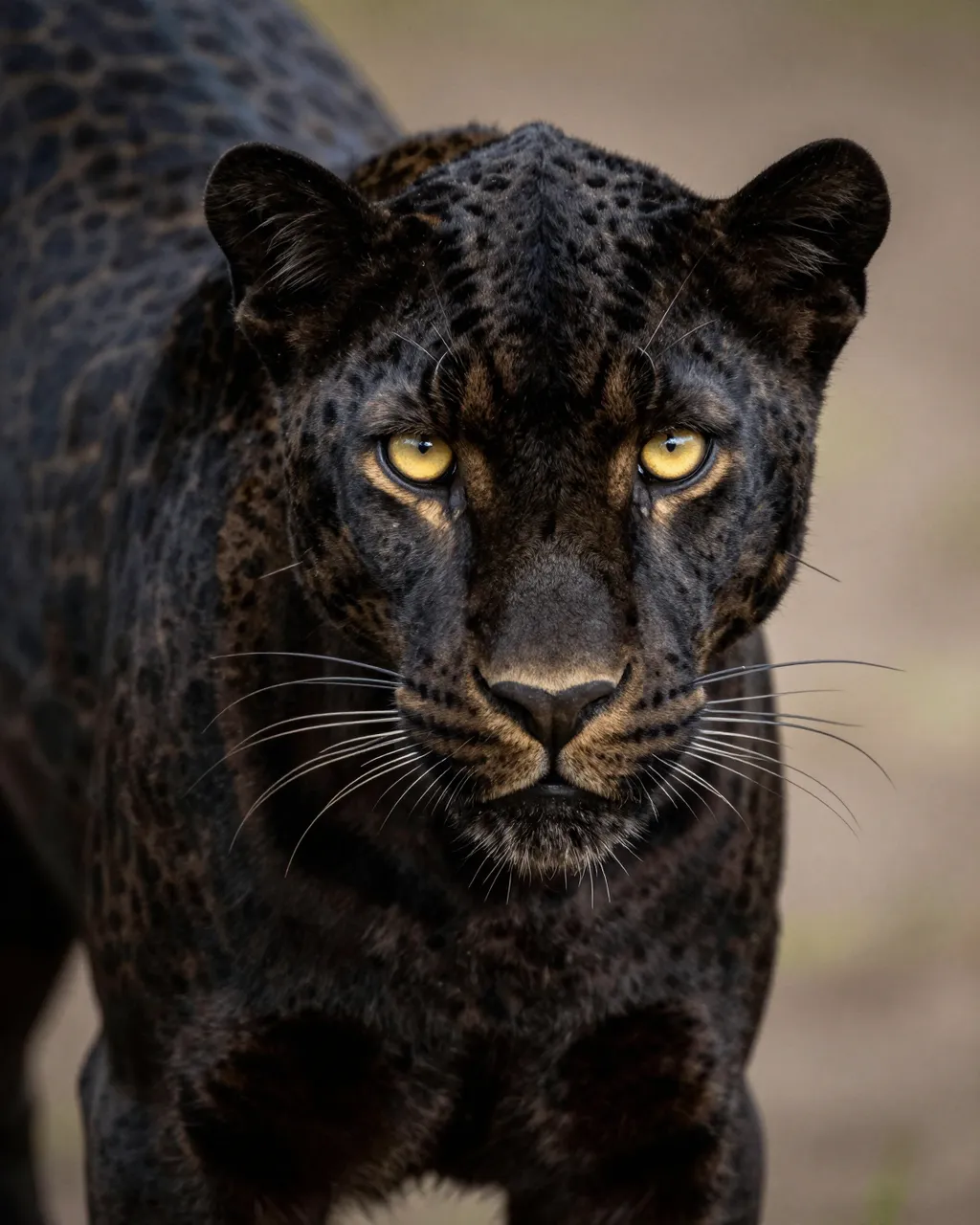 A black leopard with striking yellow eyes stares directly at the viewer from shadowed, blurred savanna surroundings