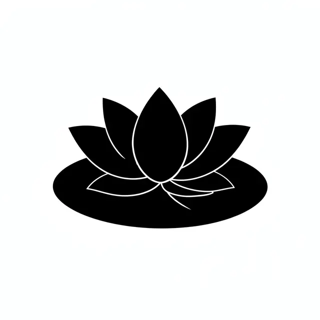 Solid black lotus flower silhouette on a round lily pad against a plain white background