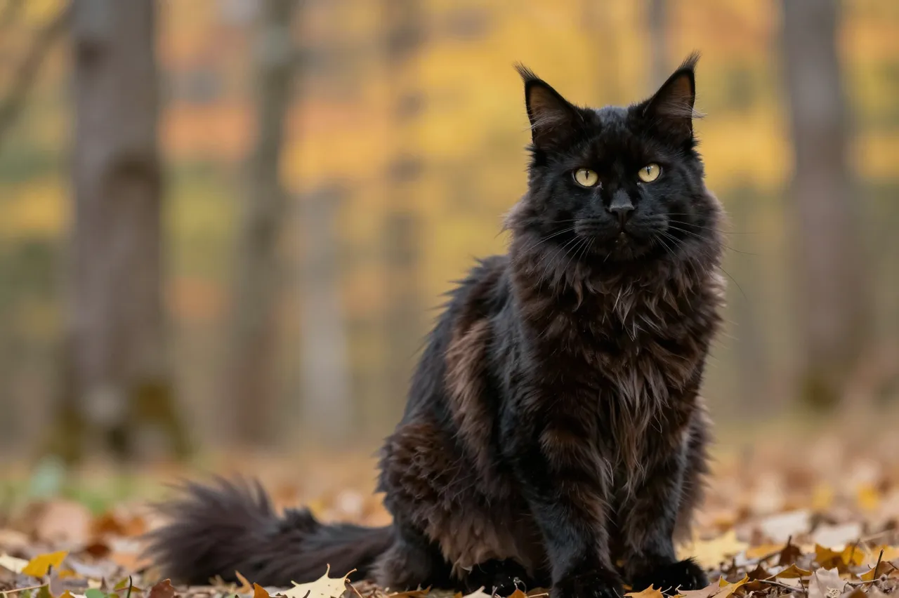 A fluffy black Maine Coon cat sits on fallen autumn leaves in a sunlit forest
