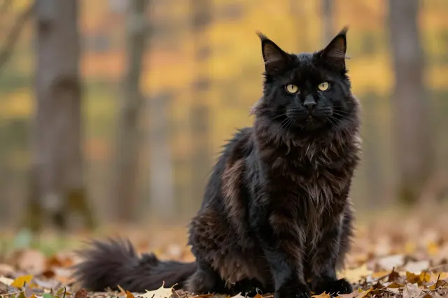 A fluffy black Maine Coon cat sits on fallen autumn leaves in a sunlit forest
