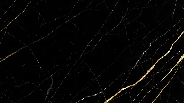 Polished black marble surface with thin irregular gold and pale veining across a dark base with empty copy space