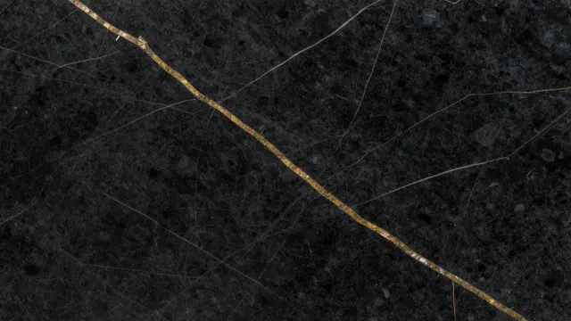 Top view of a polished flat black marble surface with bold gold veins and thin white hairlines filling the frame.