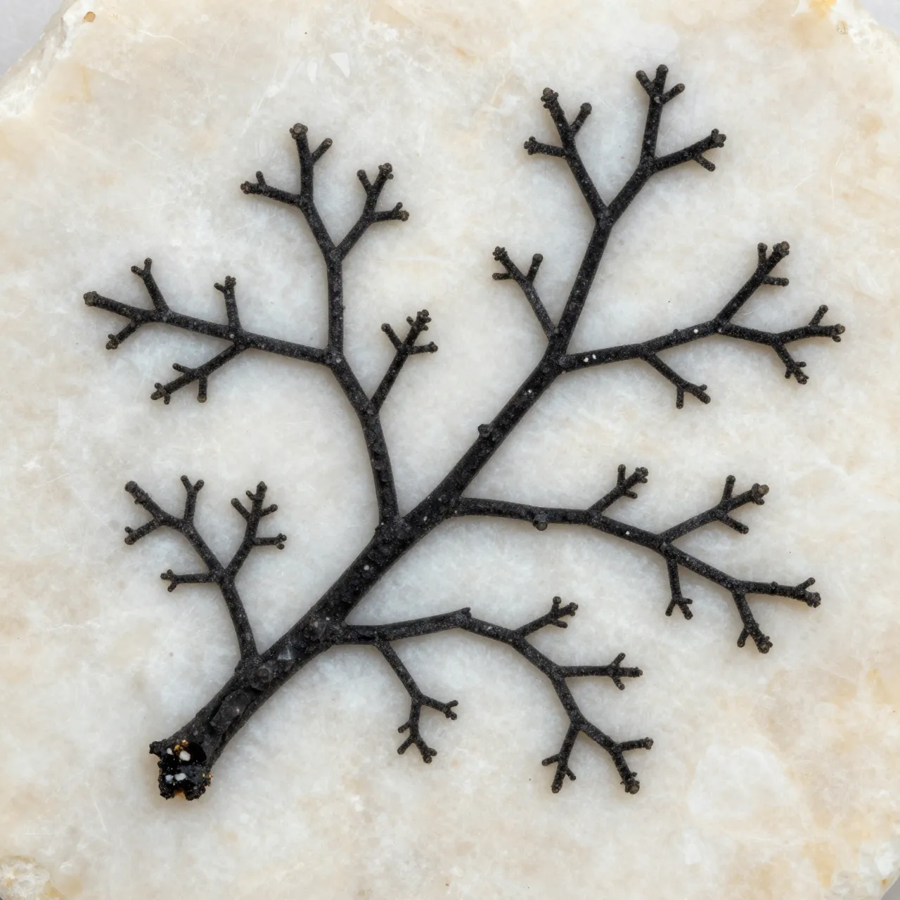 Intricate black branching mineral dendrites spread across a polished pale limestone slab in macro view.